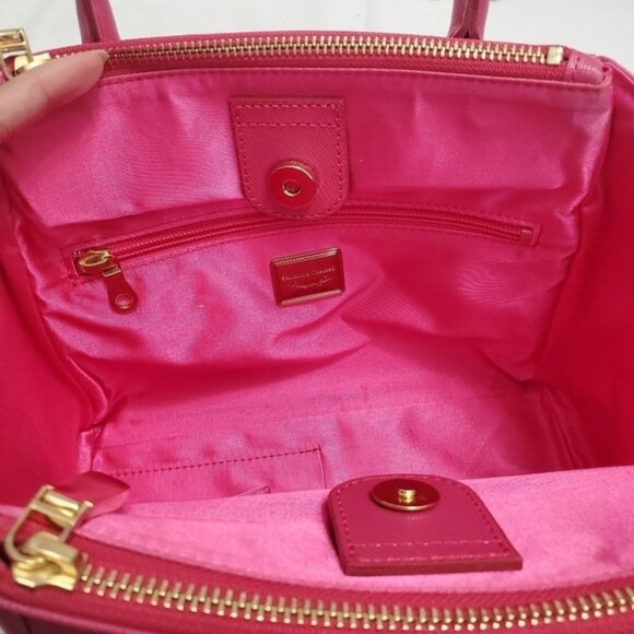 Samantha Thavasa Hot Pink Saffiano Leather Satchel Bag Padlock Crossbody Gold - Picture 11 of 15